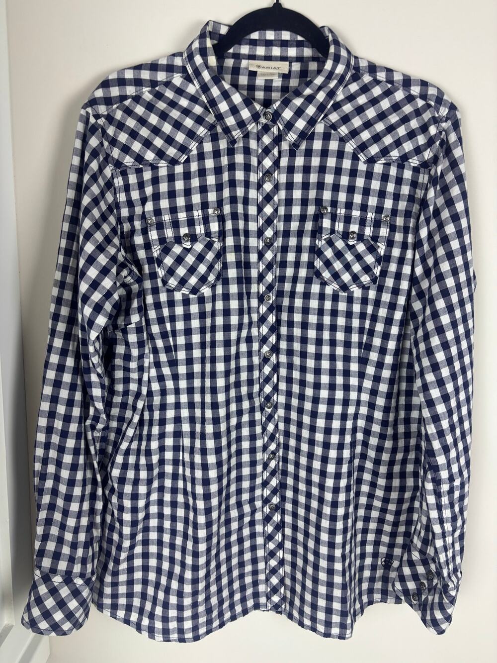 Ariat Women’s XXL Western Shirt Navy White Gingham Plaid Pearl Snap Button Up